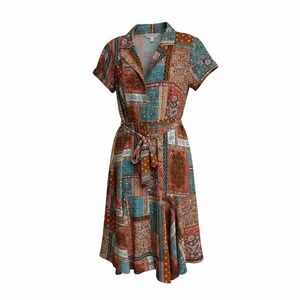 Nanette Lepore Shirt Dress Women Size 12 Multi Patchwork Boho Midi Button Front